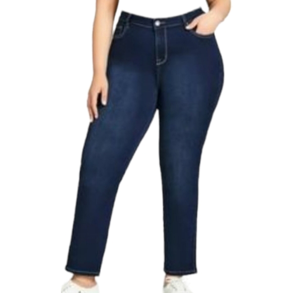 AVENUE DENIM Butter Straight Leg 5 Pocket Knit Denim Button Blue Jeans 30 NWT - Picture 1 of 9